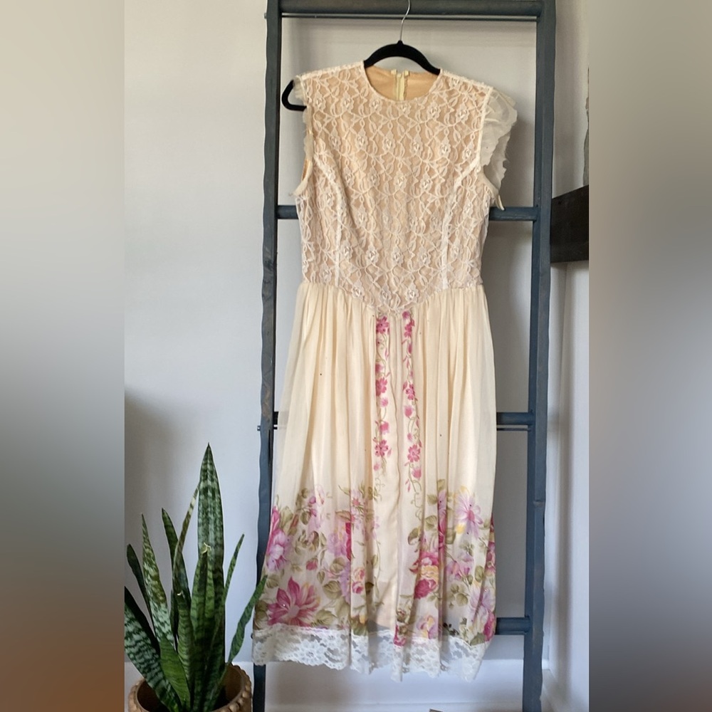 Embellished Cream and Pink Midi Sundress with Flutter Sleeves